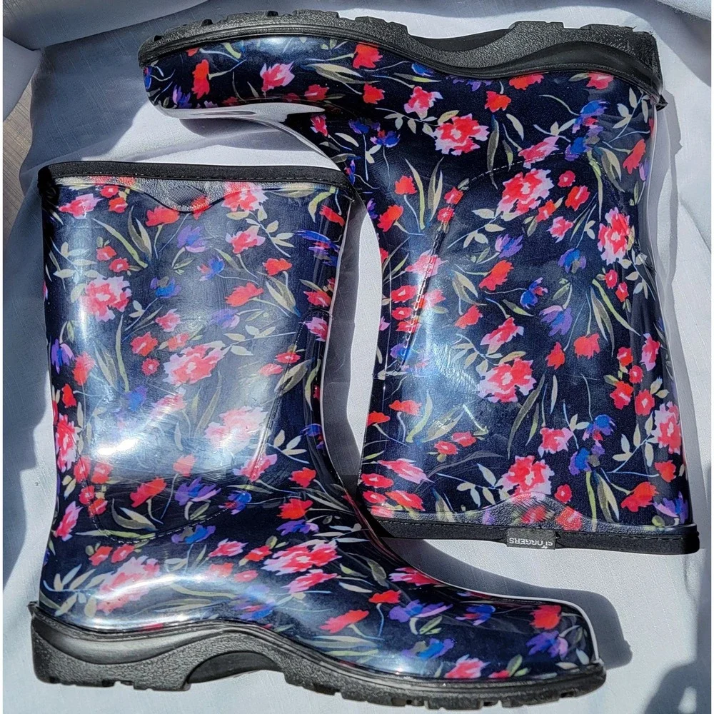 Sloggers Womens 11 Floral Rain Boots Navy Blue Waterproof Garden Mid Calf USA